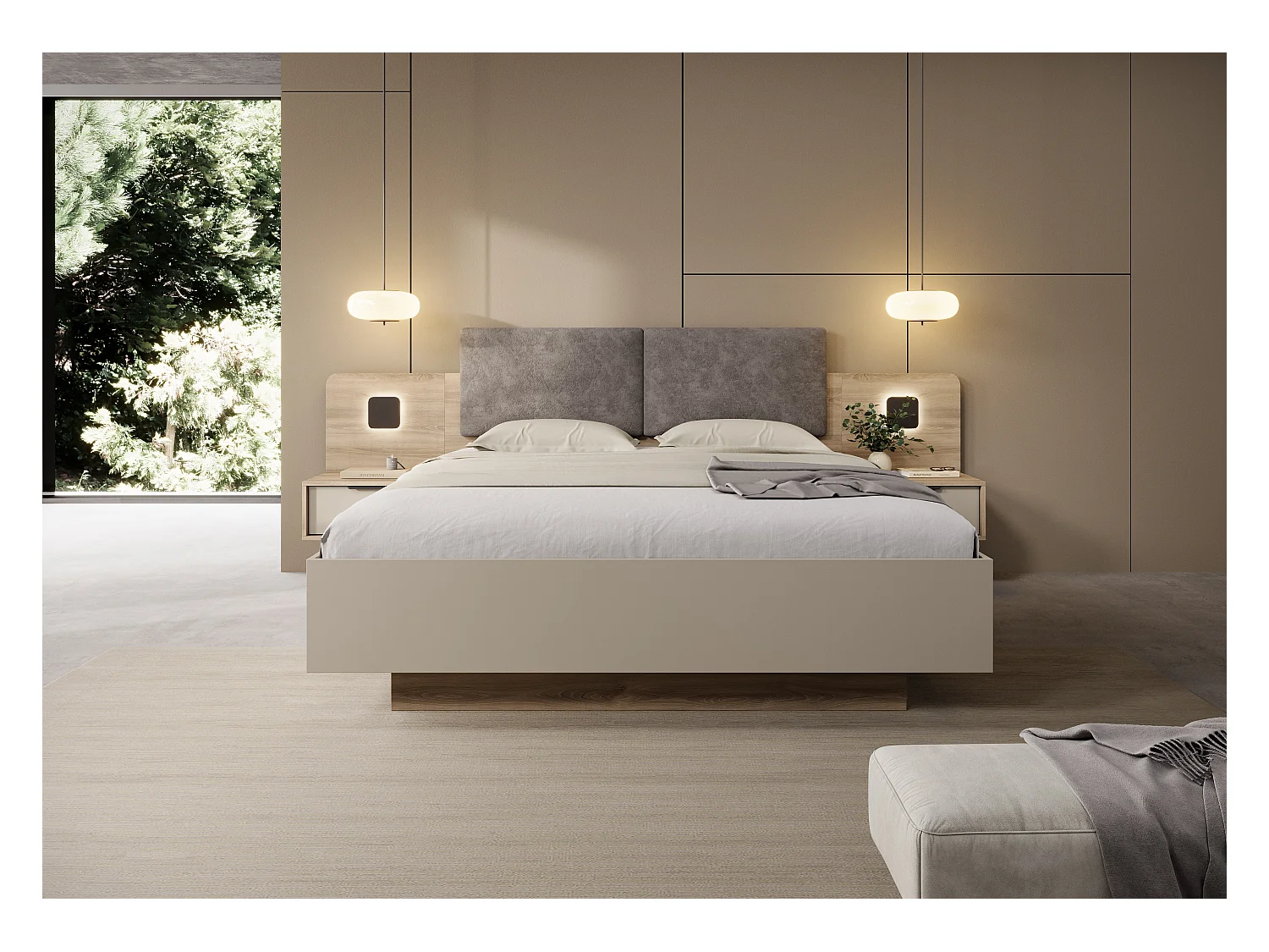 Letto matrimoniale contenitore 160x200 cm con comodini e LED in rovere e grigio pietra LLK14