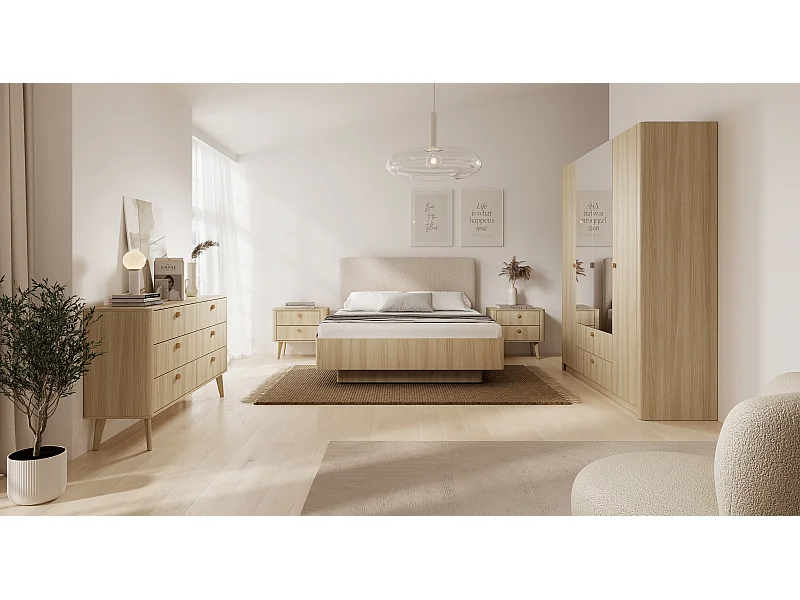 Camera da letto completa con letto contenitore 160x200 cm, cassettiera e armadio in rovere chiaro CDLLK12