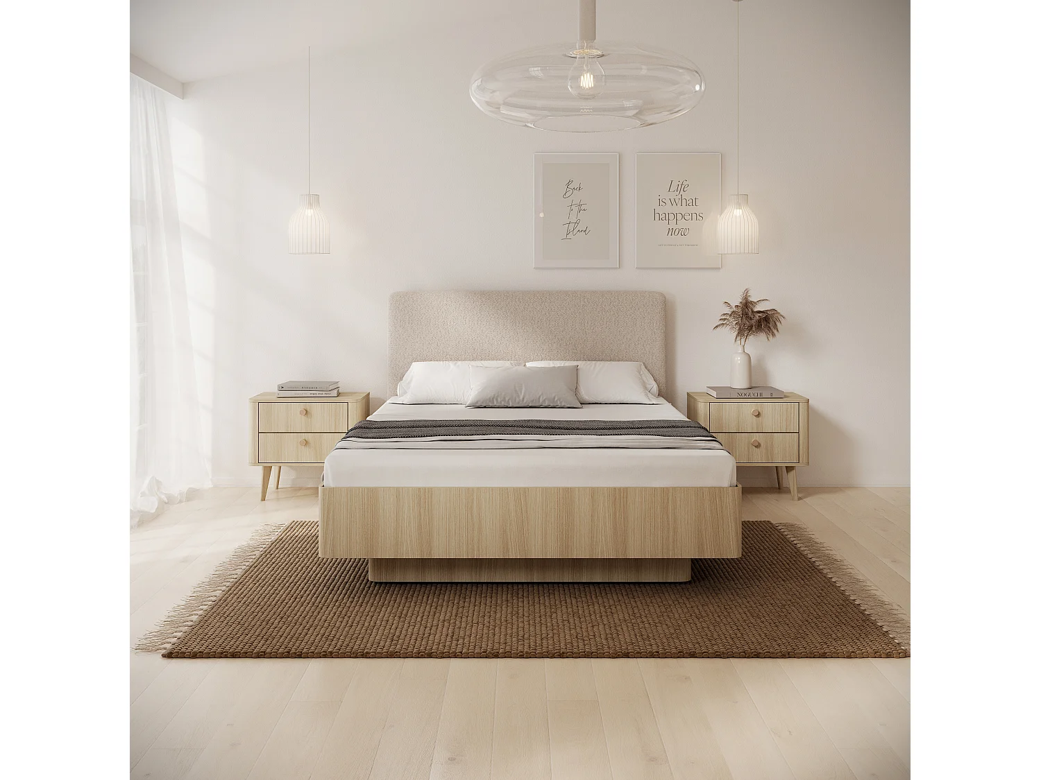 Camera da letto completa con letto contenitore 160x200 cm, cassettiera e armadio in rovere chiaro CDLLK12