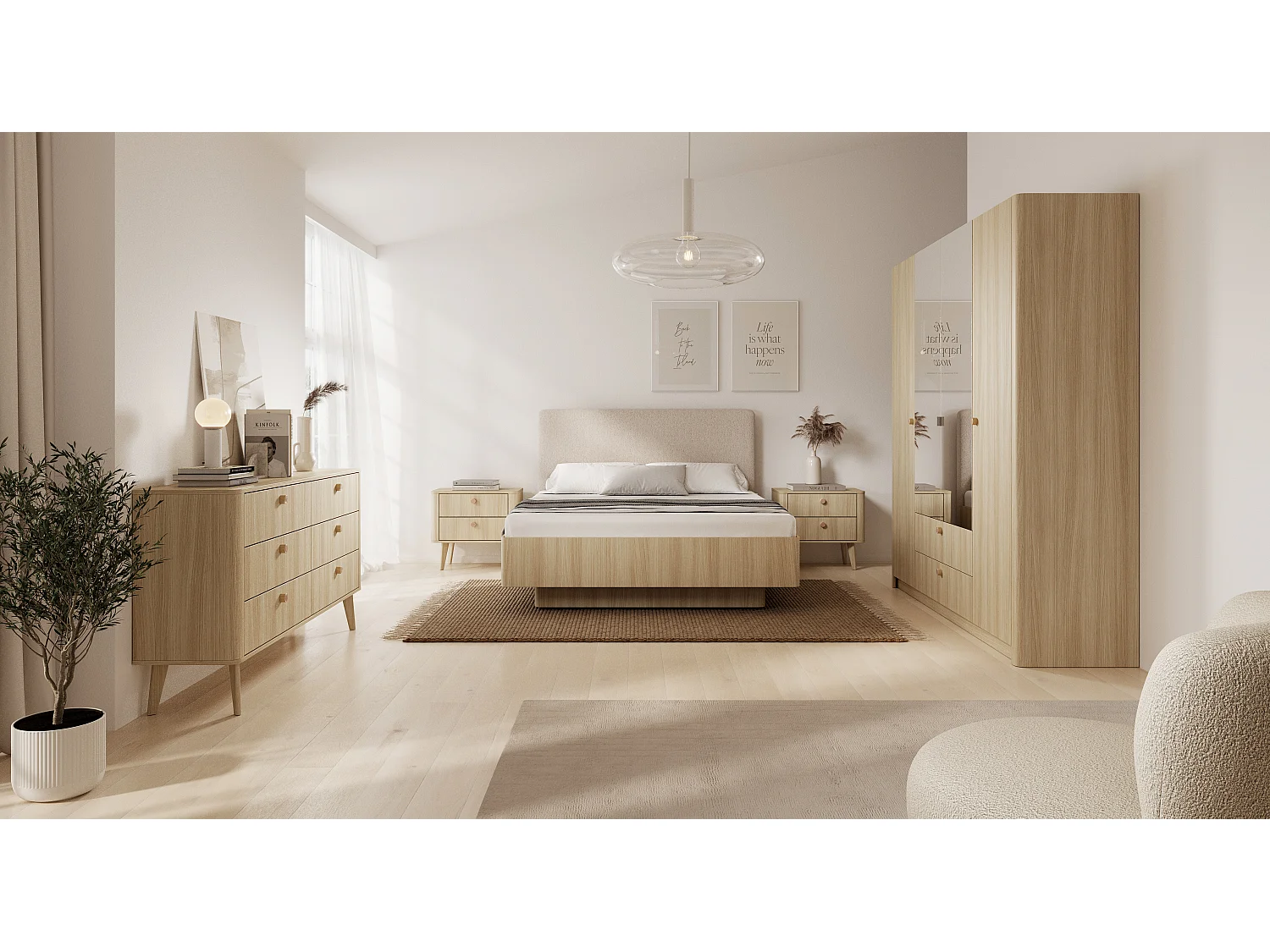 Camera da letto completa con letto contenitore 160x200 cm, cassettiera e armadio in rovere chiaro CDLLK12