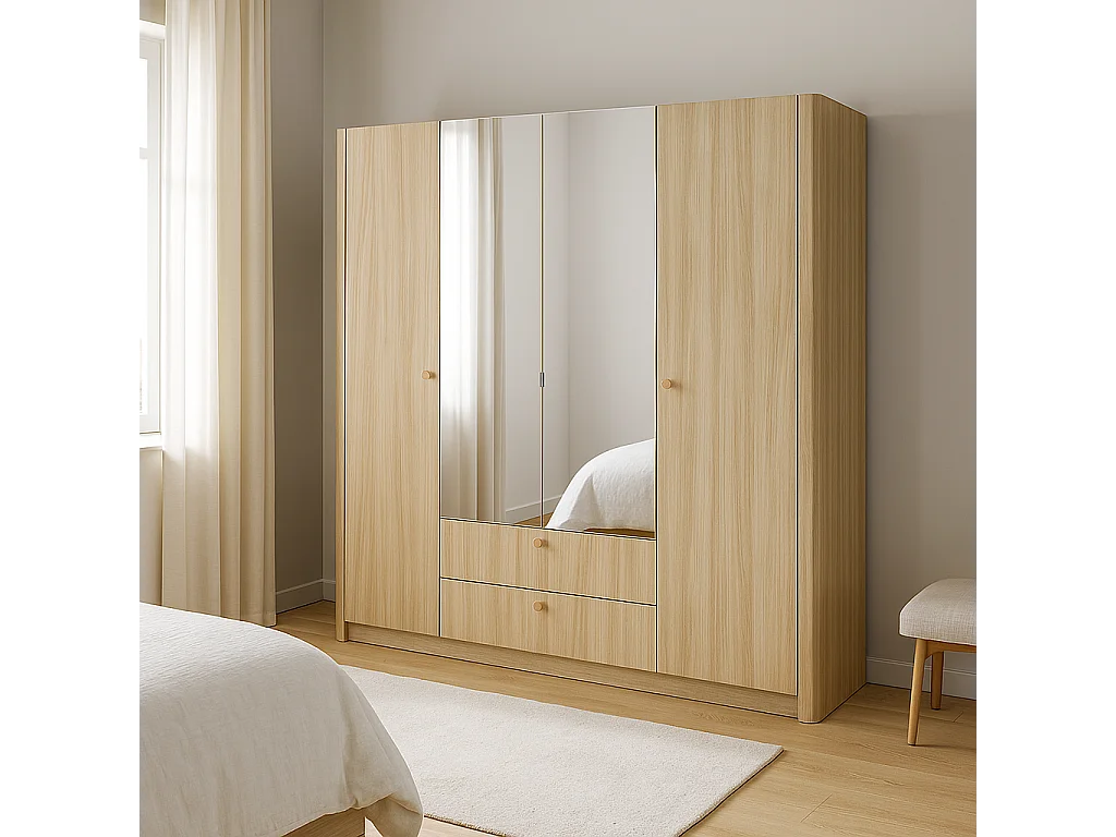 Camera da letto completa con letto contenitore 160x200 cm, cassettiera e armadio in rovere chiaro CDLLK12