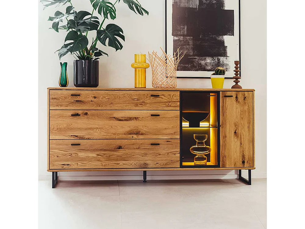 Hochwertiges Sideboard in Wildeichefarben und Anthrazit Glastür