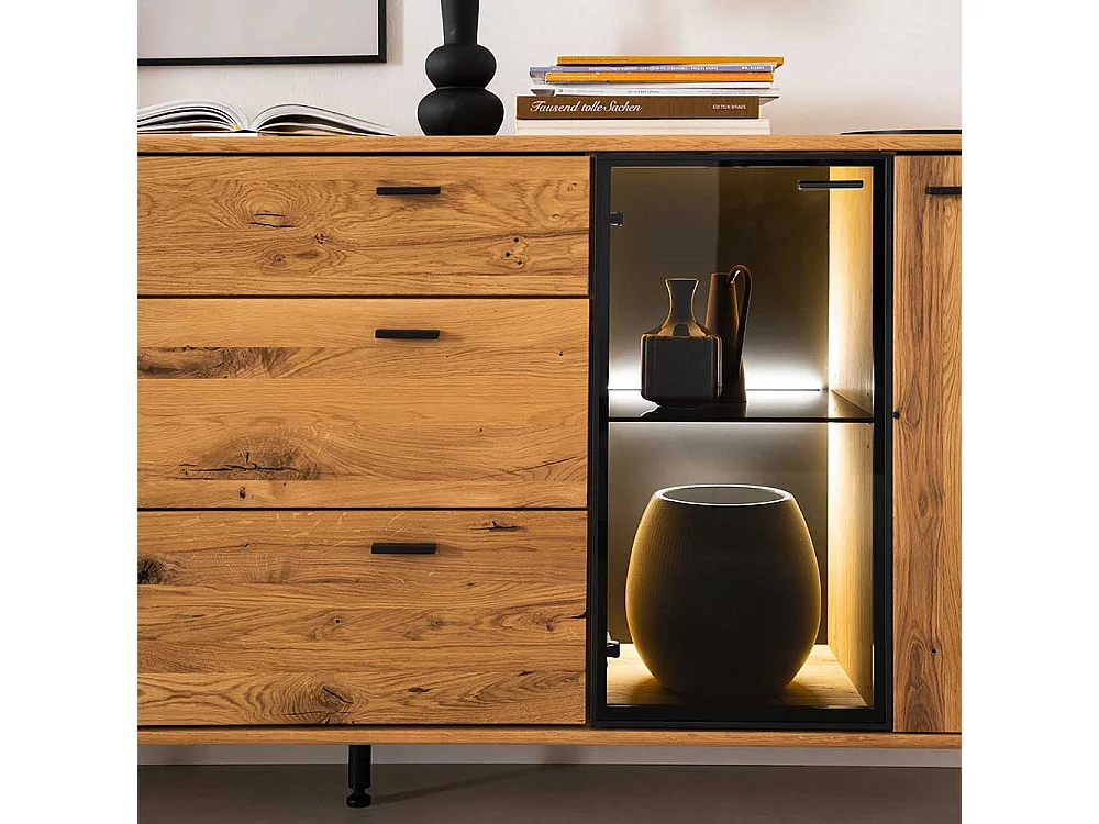 Hochwertiges Sideboard in Wildeichefarben und Anthrazit Glastür