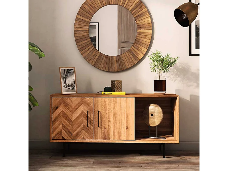 Wohnzimmerkommode massiv aus Wildeiche und Metall Drehtüren