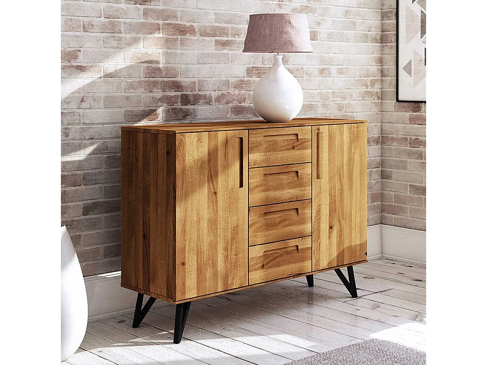 Esszimmersideboard aus Wildeiche Massivholz und Stahl 100 cm hoch