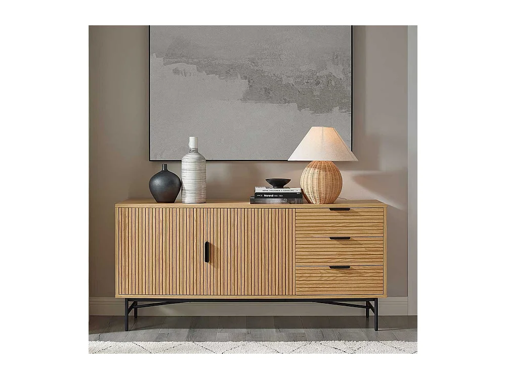 Skandi Stil Sidebord in Eichefarben und Schwarz 3 Schubladen und 2 Türen