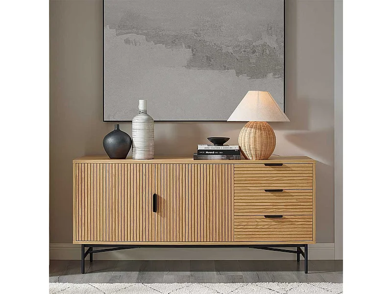 Skandi Stil Sidebord in Eichefarben und Schwarz 3 Schubladen und 2 Türen