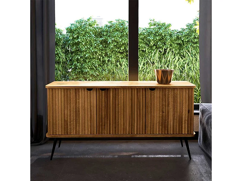 Massivholz Sideboard Wildeiche mit 3 Drehtüren Vierfußgestell aus Metall