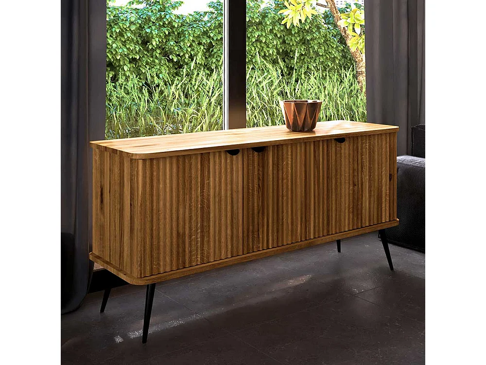 Massivholz Sideboard Wildeiche mit 3 Drehtüren Vierfußgestell aus Metall