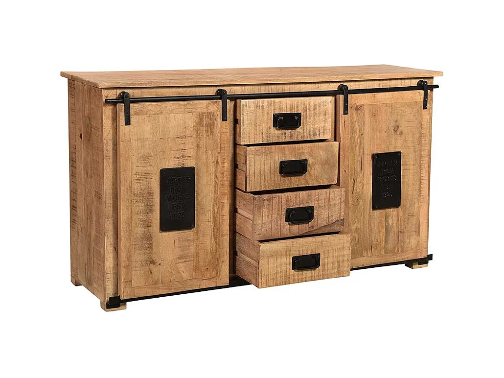 Sideboard Industriestil aus Mangobaum Massivholz Schiebetüren