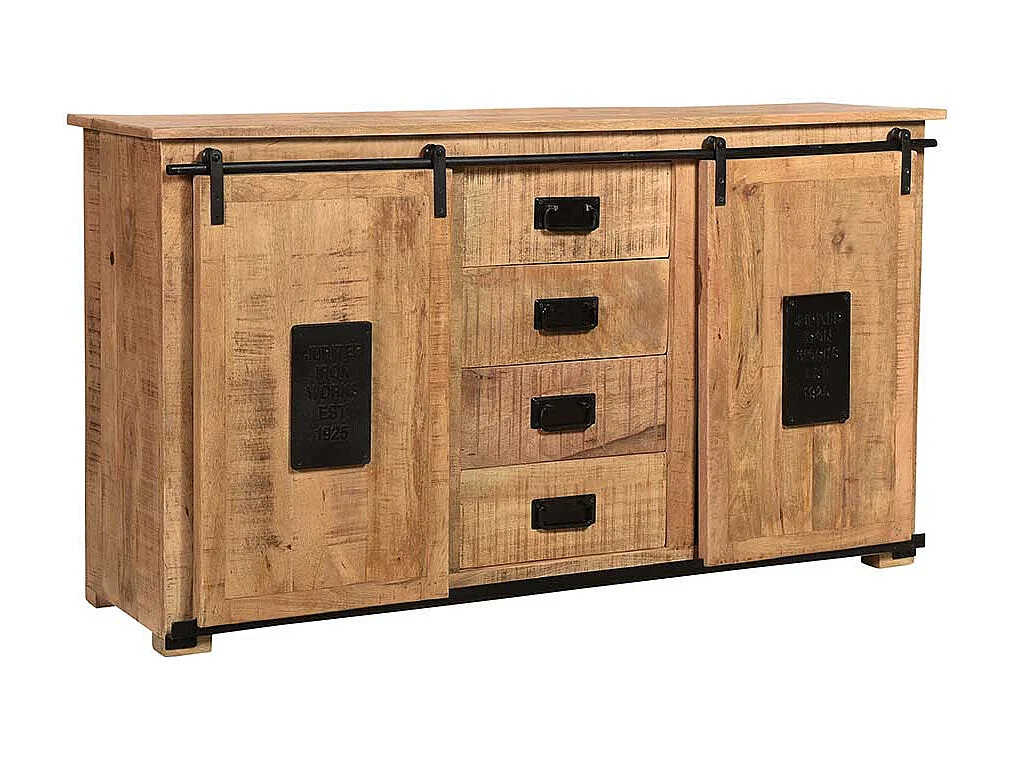 Sideboard Industriestil aus Mangobaum Massivholz Schiebetüren