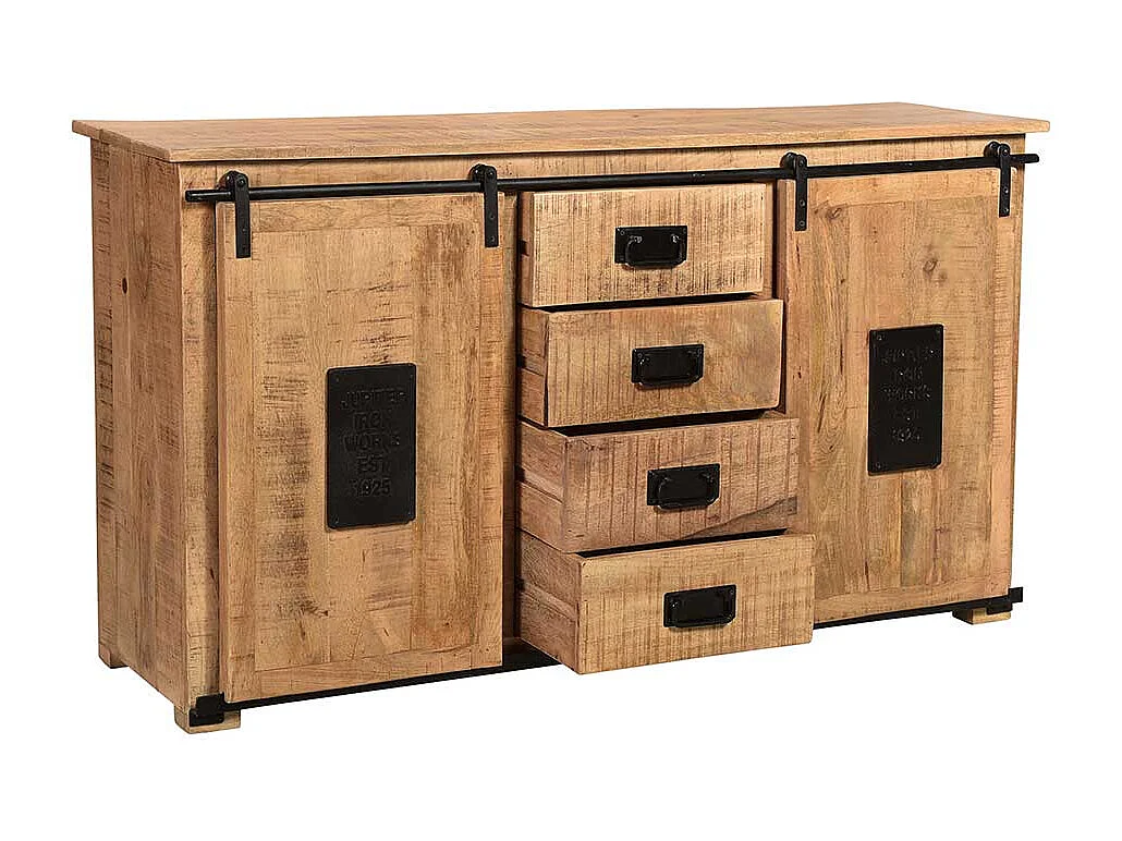 Sideboard Industriestil aus Mangobaum Massivholz Schiebetüren