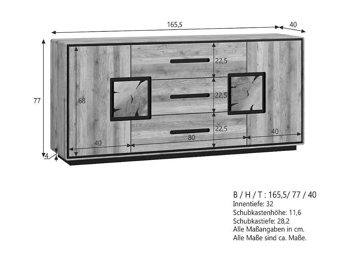 Esszimmerkommode Holzkommode mit Hirnholz Applikation 166 cm breit