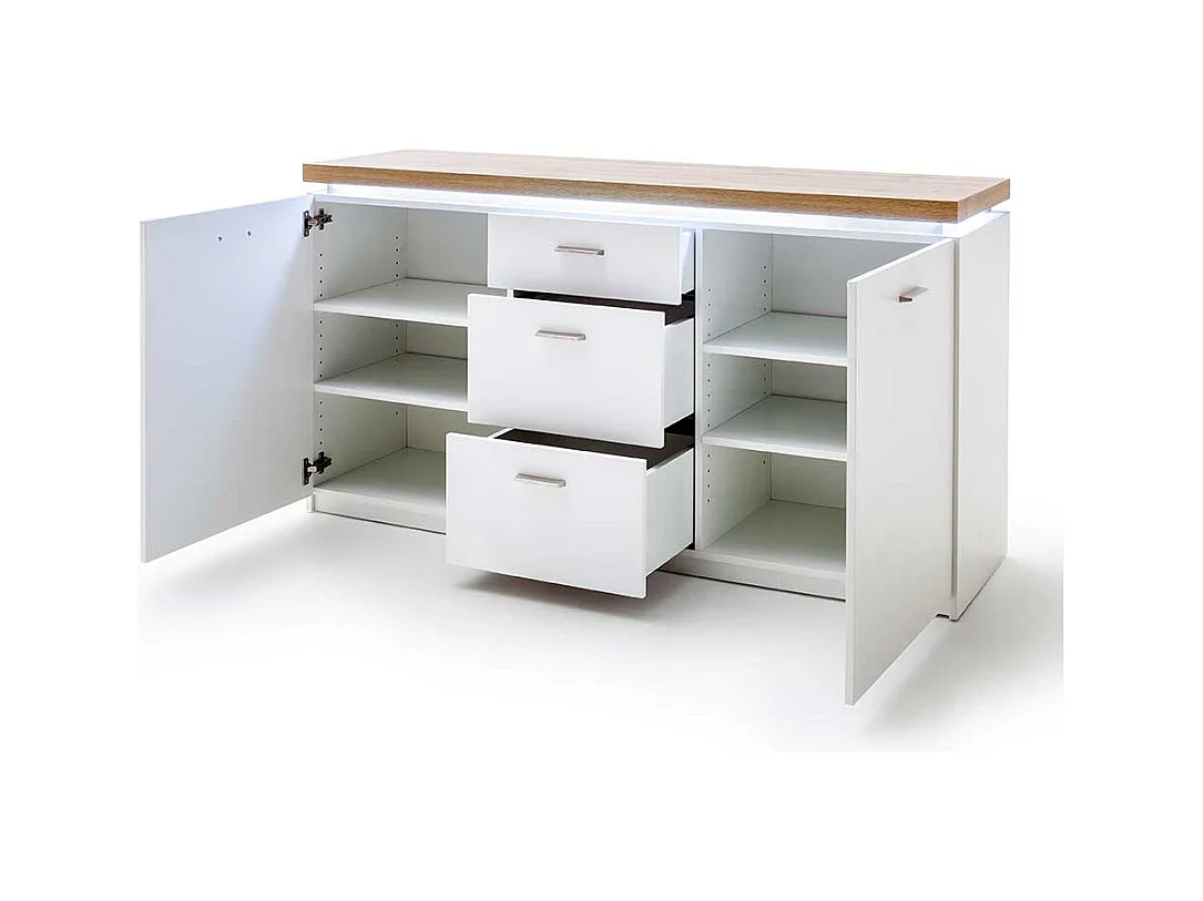 Wohnzimmerkommode in Weiß und Wildeichefarben LED Beleuchtung