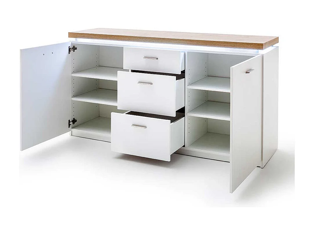 Wohnzimmerkommode in Weiß und Wildeichefarben LED Beleuchtung