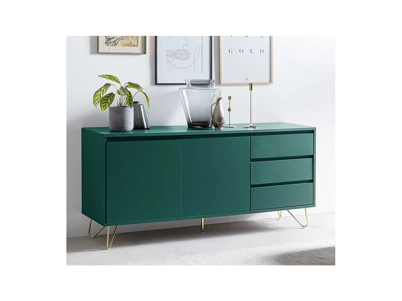 Esszimmersideboard in Grün und Goldfarben zweitürig