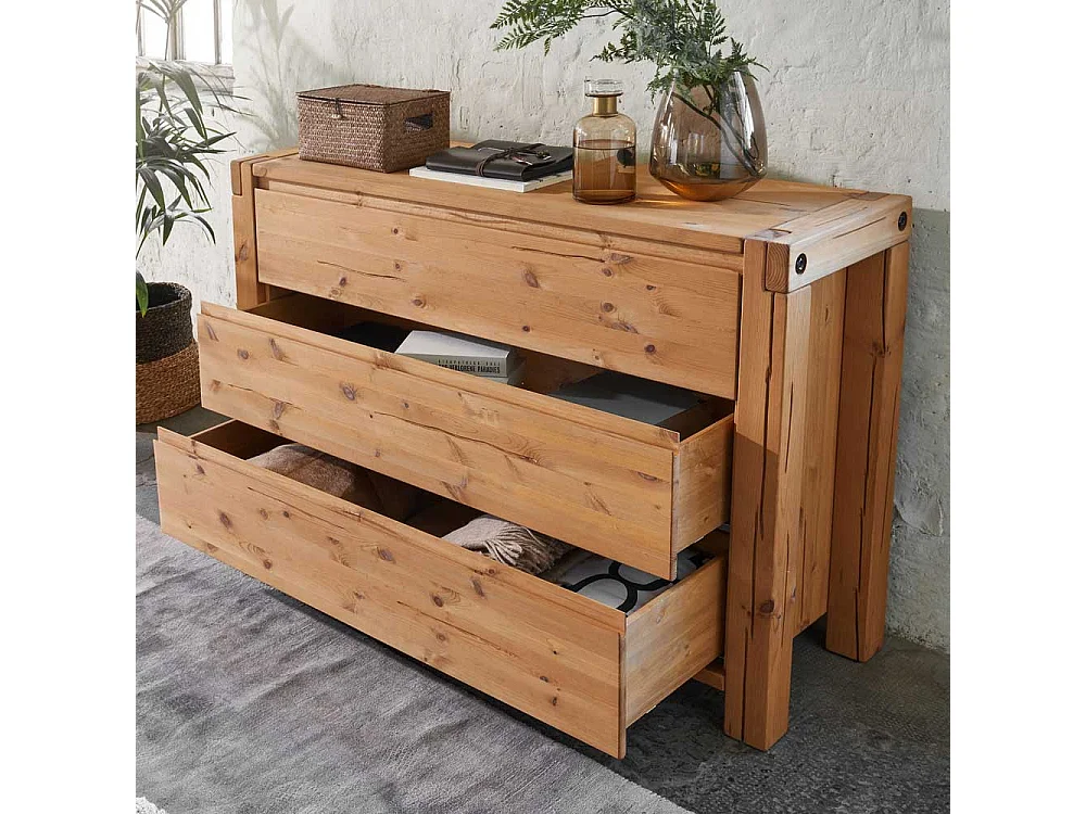 Vollholzkommode aus Kiefer Massivholz in Eiche Honig drei Schubladen