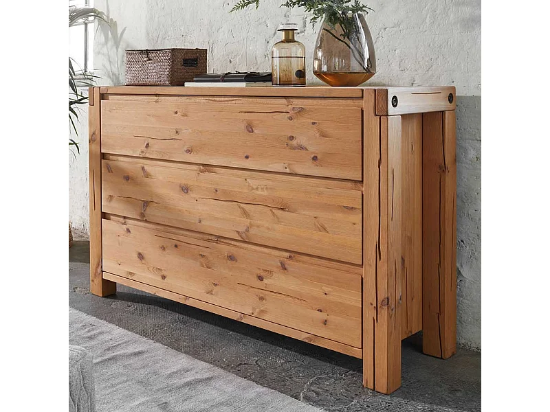 Vollholzkommode aus Kiefer Massivholz in Eiche Honig drei Schubladen