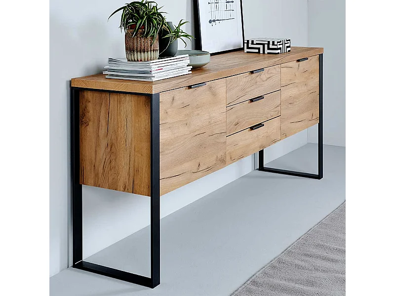 Sideboard in Eichefarben und Schwarz 180 cm breit