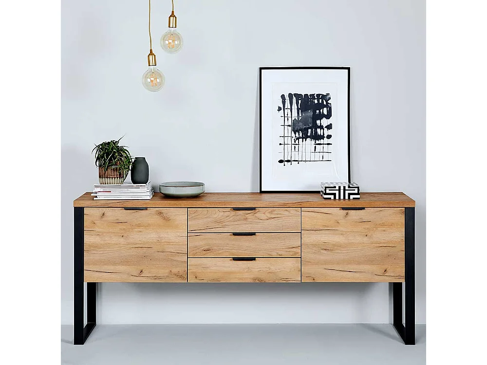 Sideboard in Eichefarben und Schwarz 180 cm breit