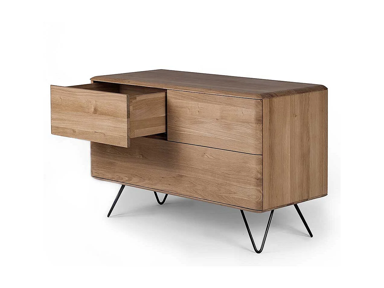 Massivholzkommode in Eiche Bianco Vierfußgestell aus Metall