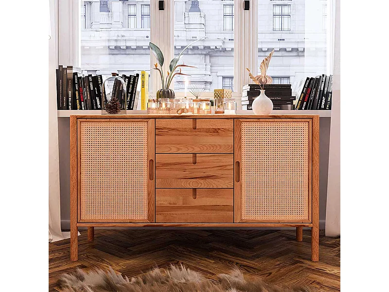 Sideboard mit Rattan Türen aus Wildbuche Massivholz 142 cm breit