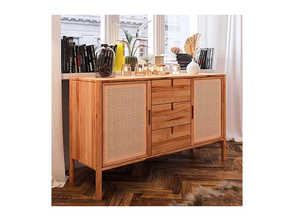 Sideboard mit Rattan Türen aus Wildbuche Massivholz 142 cm breit