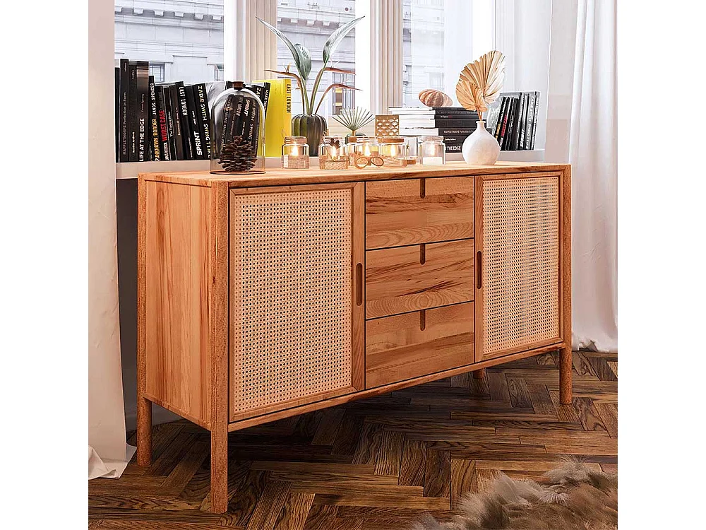 Sideboard mit Rattan Türen aus Wildbuche Massivholz 142 cm breit