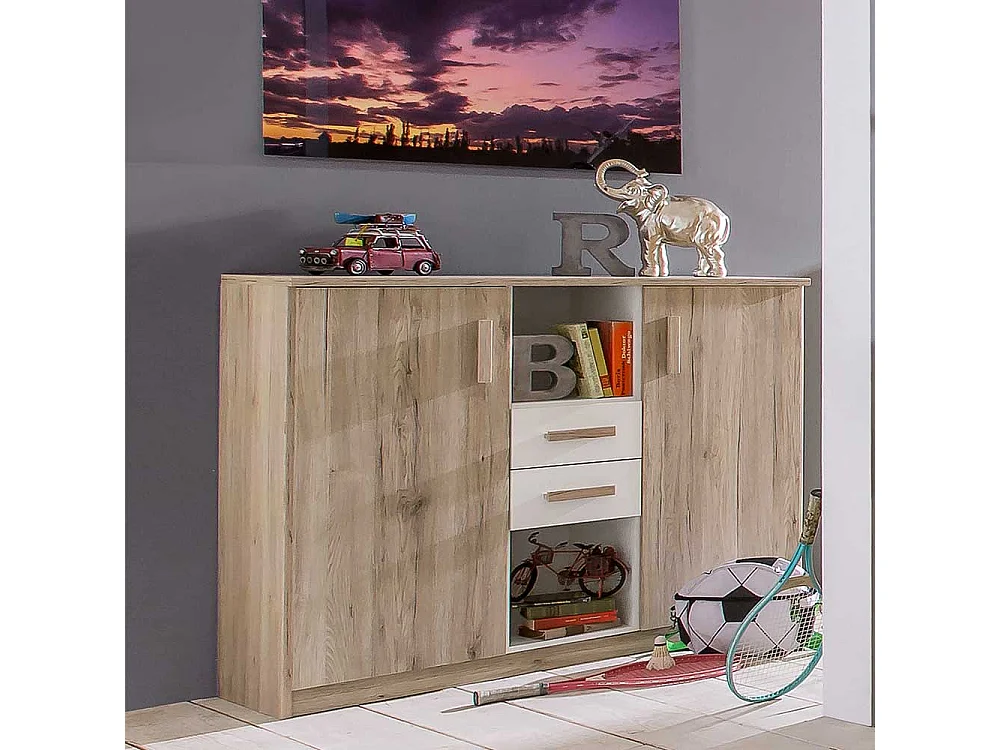 Esszimmersideboard mit Schubladen und offenen Fächern Eiche San Remo und Weiß