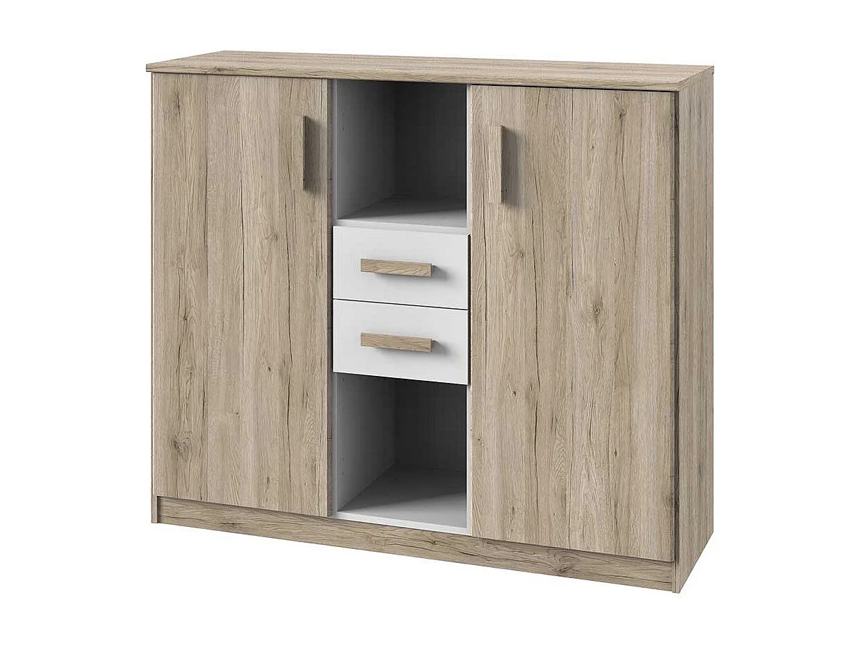 Esszimmersideboard mit Schubladen und offenen Fächern Eiche San Remo und Weiß