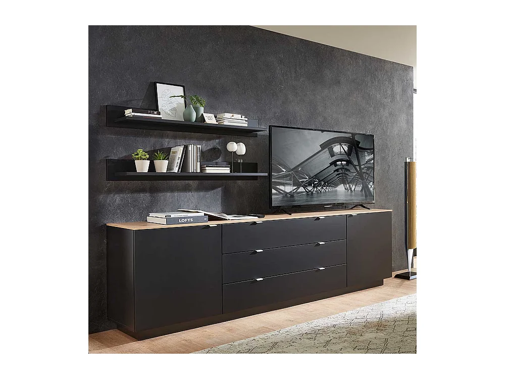 XL Sideboard modern in Schwarz und Wildeiche NB 240 cm breit