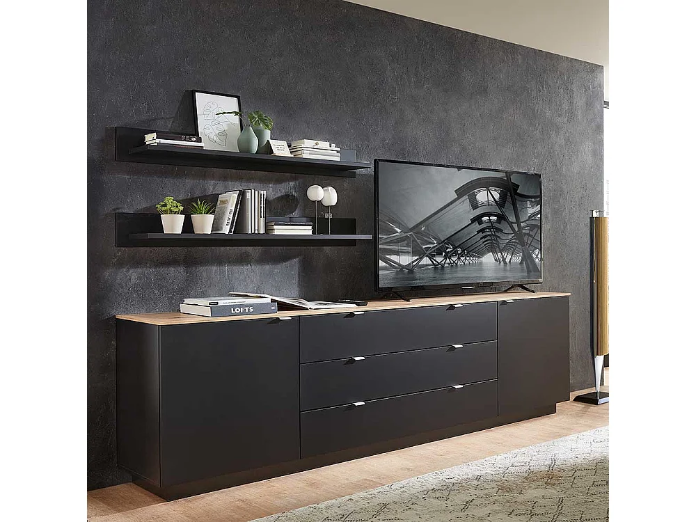 XL Sideboard modern in Schwarz und Wildeiche NB 240 cm breit