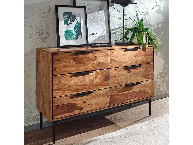 Modernes Sideboard aus Sheesham Massivholz sechs Schubladen