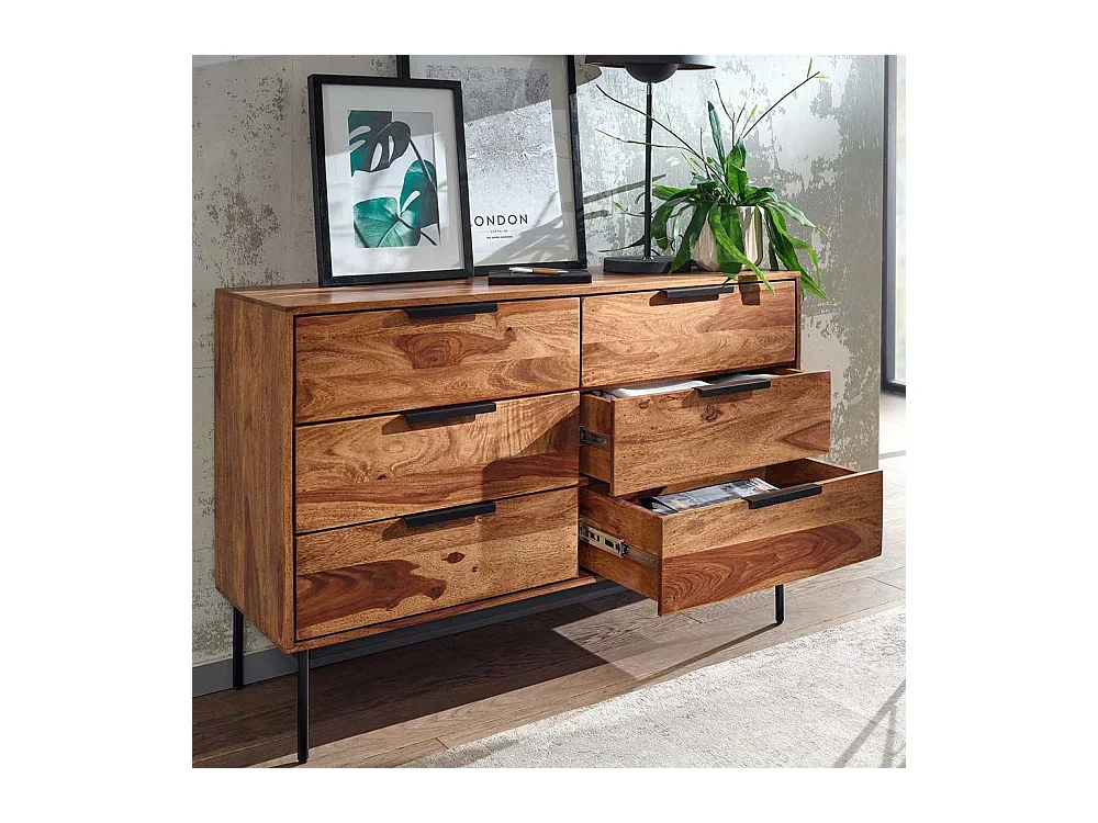 Modernes Sideboard aus Sheesham Massivholz sechs Schubladen