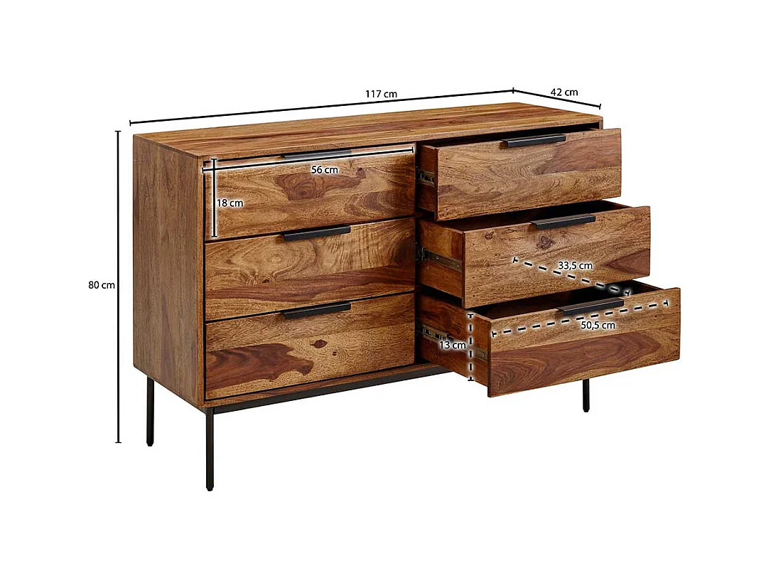 Modernes Sideboard aus Sheesham Massivholz sechs Schubladen