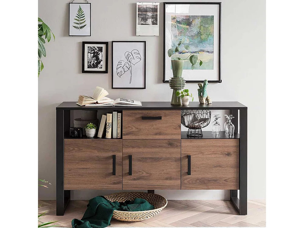 Esszimmersideboard in Nussbaum Holzoptik Schwarz