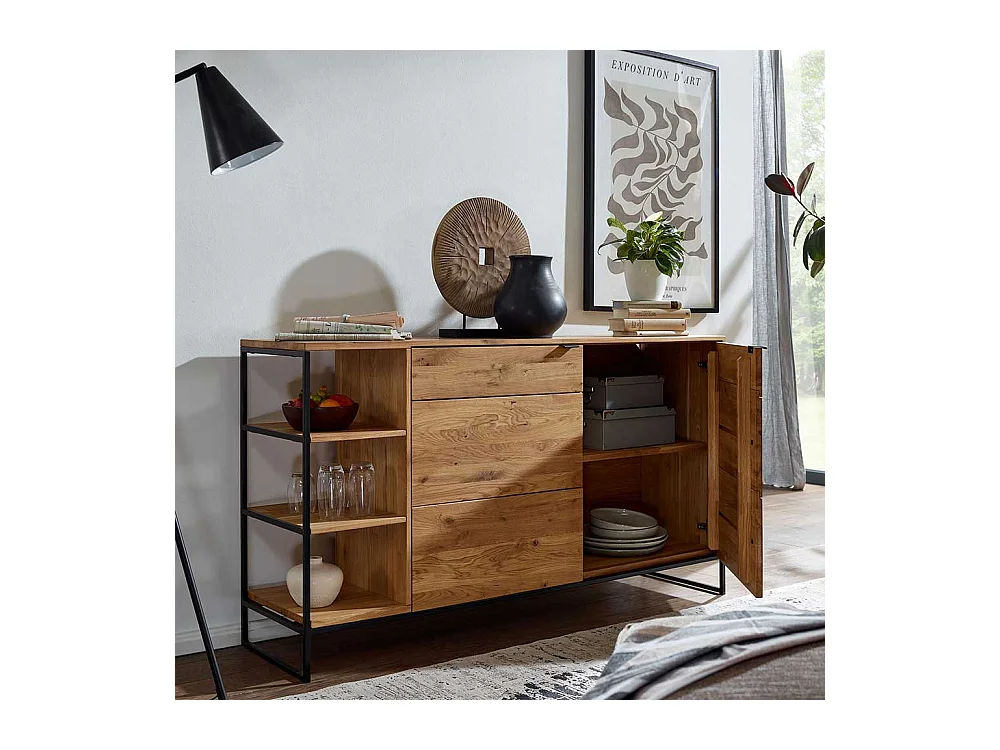 Hohes Sideboard aus Wildeiche Massivholz & Metall Bügelgestell