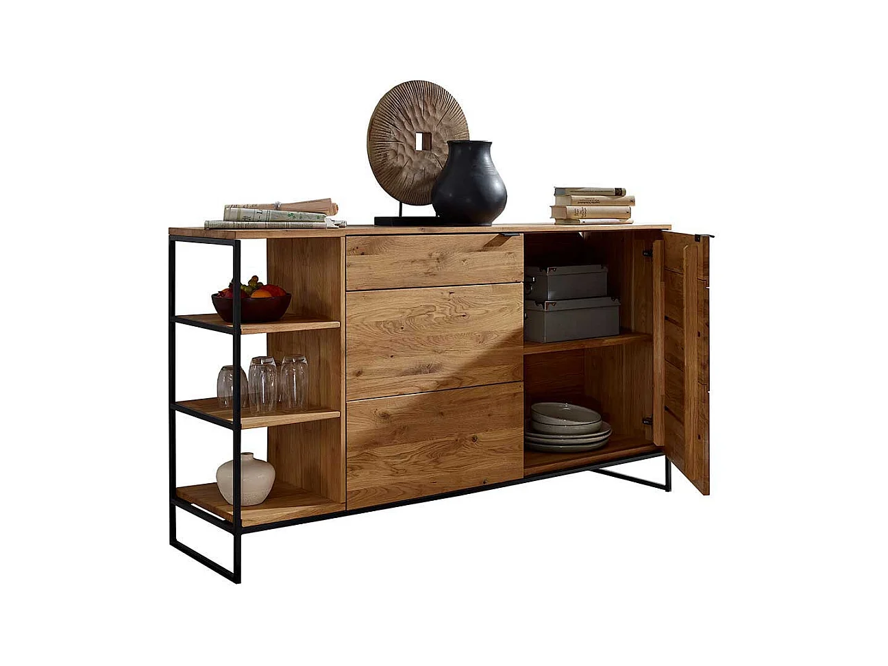 Hohes Sideboard aus Wildeiche Massivholz & Metall Bügelgestell