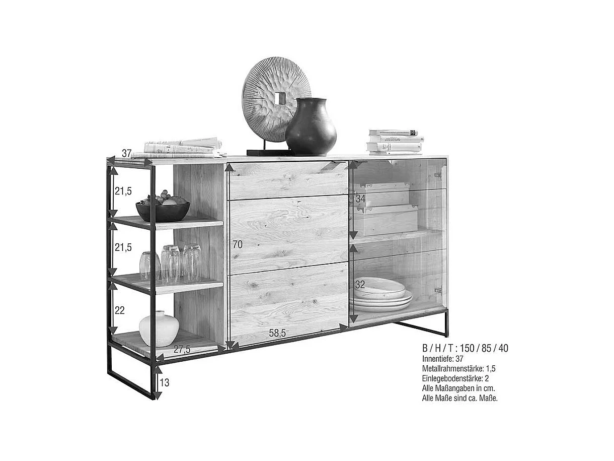 Hohes Sideboard aus Wildeiche Massivholz & Metall Bügelgestell