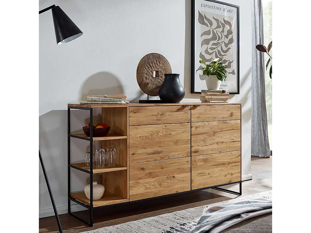Hohes Sideboard aus Wildeiche Massivholz & Metall Bügelgestell