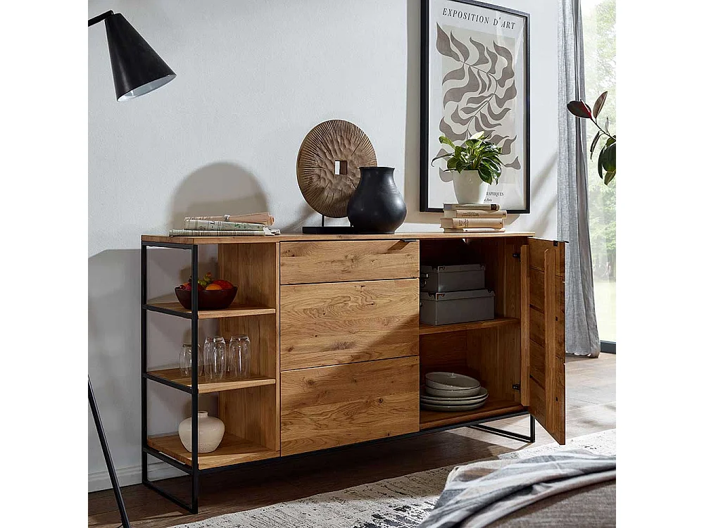 Hohes Sideboard aus Wildeiche Massivholz & Metall Bügelgestell