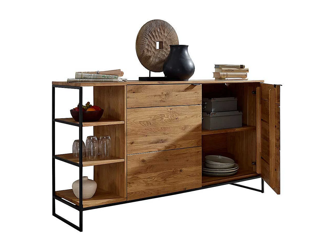 Hohes Sideboard aus Wildeiche Massivholz & Metall Bügelgestell