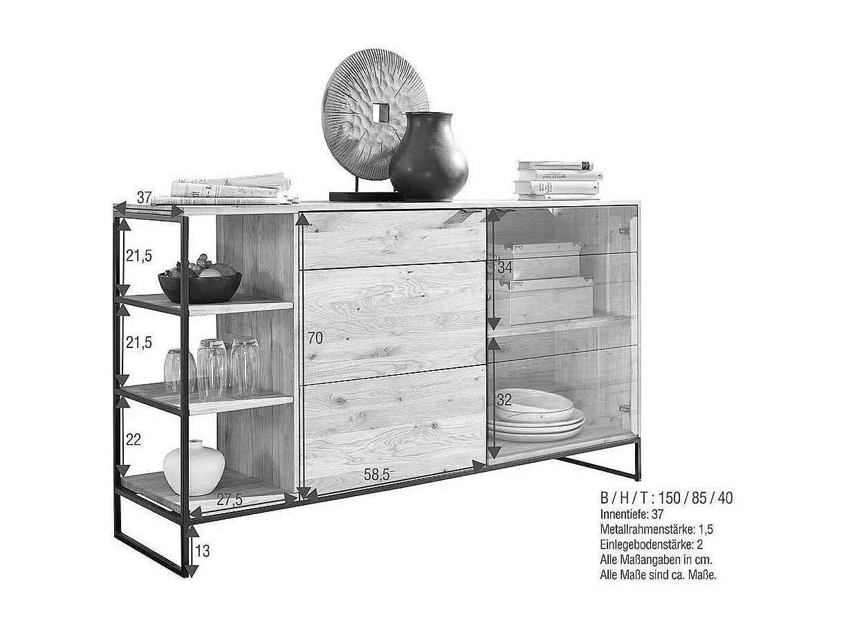 Hohes Sideboard aus Wildeiche Massivholz & Metall Bügelgestell