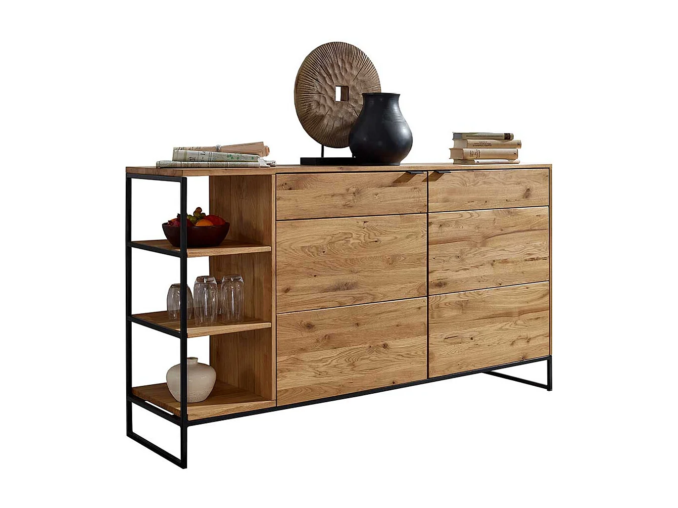 Hohes Sideboard aus Wildeiche Massivholz & Metall Bügelgestell