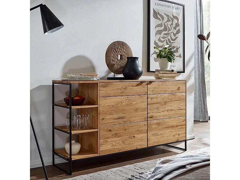 Hohes Sideboard aus Wildeiche Massivholz & Metall Bügelgestell