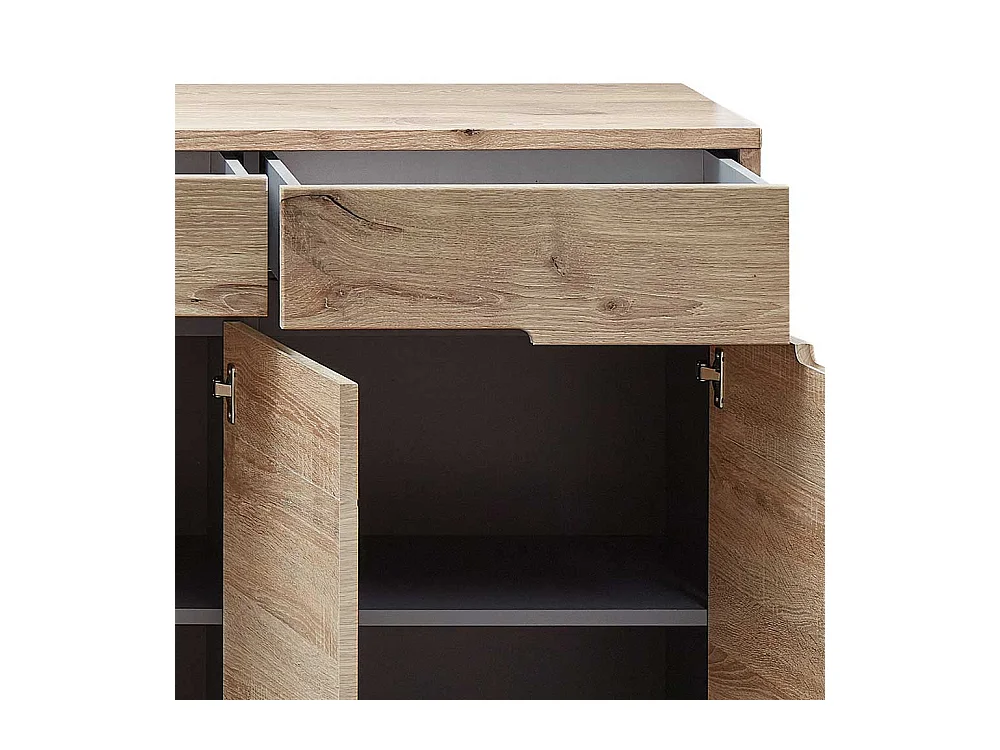 Esszimmersideboard Holzoptik in Wildeichefarben Drehtüren und Schubladen