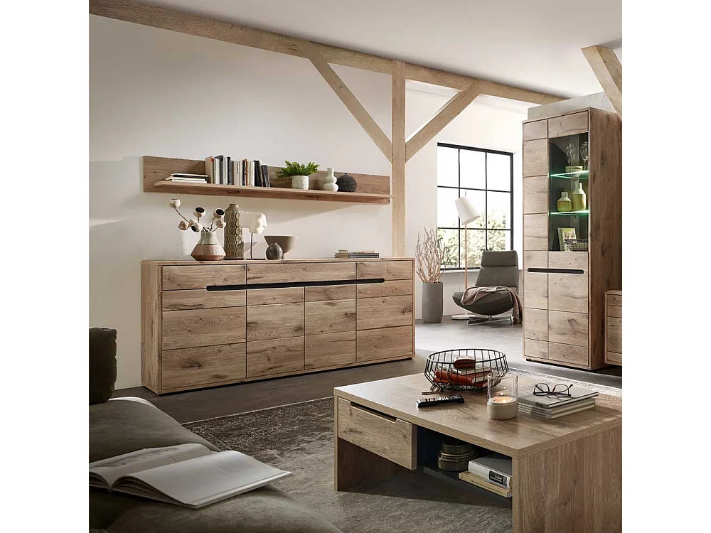 Esszimmersideboard Holzoptik in Wildeichefarben Drehtüren und Schubladen