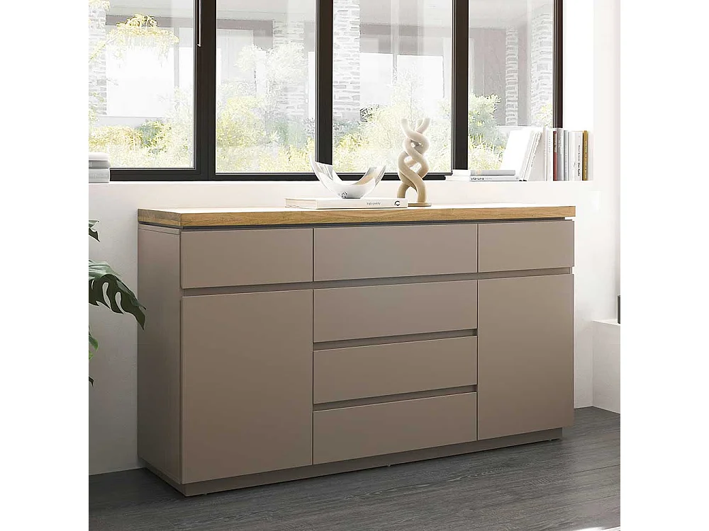 Sidebord modern in Taupe sechs Schubladen und zwei Türen