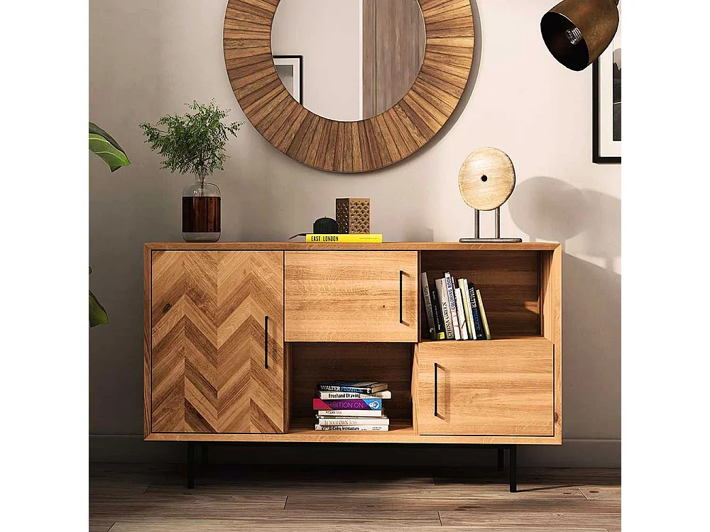 Wohnzimmer Schrank aus Wildeiche Massivholz Vierfußgestell aus Metall