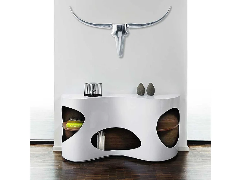 Hochglanz Sideboard in Weiß und Walnussfarben furniert geschwungen